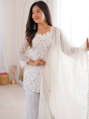 White Sequins Silk Festive Wear Pant Suit 8