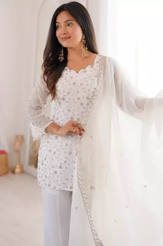 White Sequins Silk Festive Wear Pant Suit