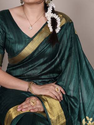 Green onam special raw silk zari weaving work saree 2
