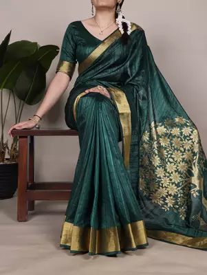Green onam special raw silk zari weaving work saree 3
