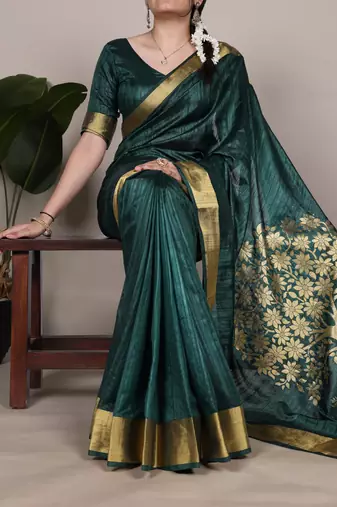 Green onam special raw silk zari weaving work saree