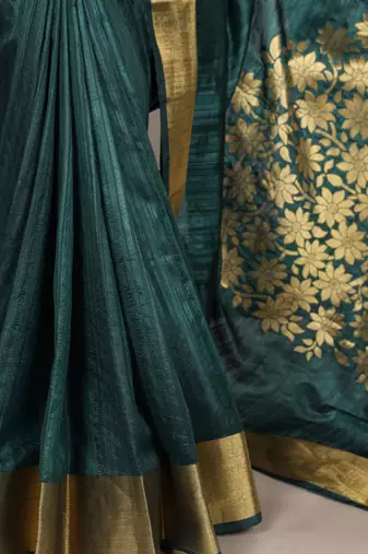 Green onam special raw silk zari weaving work saree