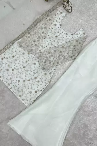 White Sequins Silk Festive Wear Pant Suit