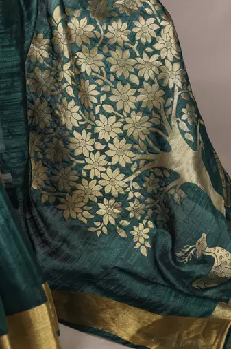 Green onam special raw silk zari weaving work saree