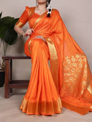 Orange onam special raw silk zari weaving work saree 1