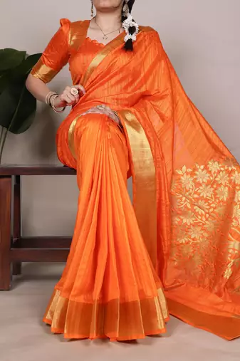 Orange onam special raw silk zari weaving work saree