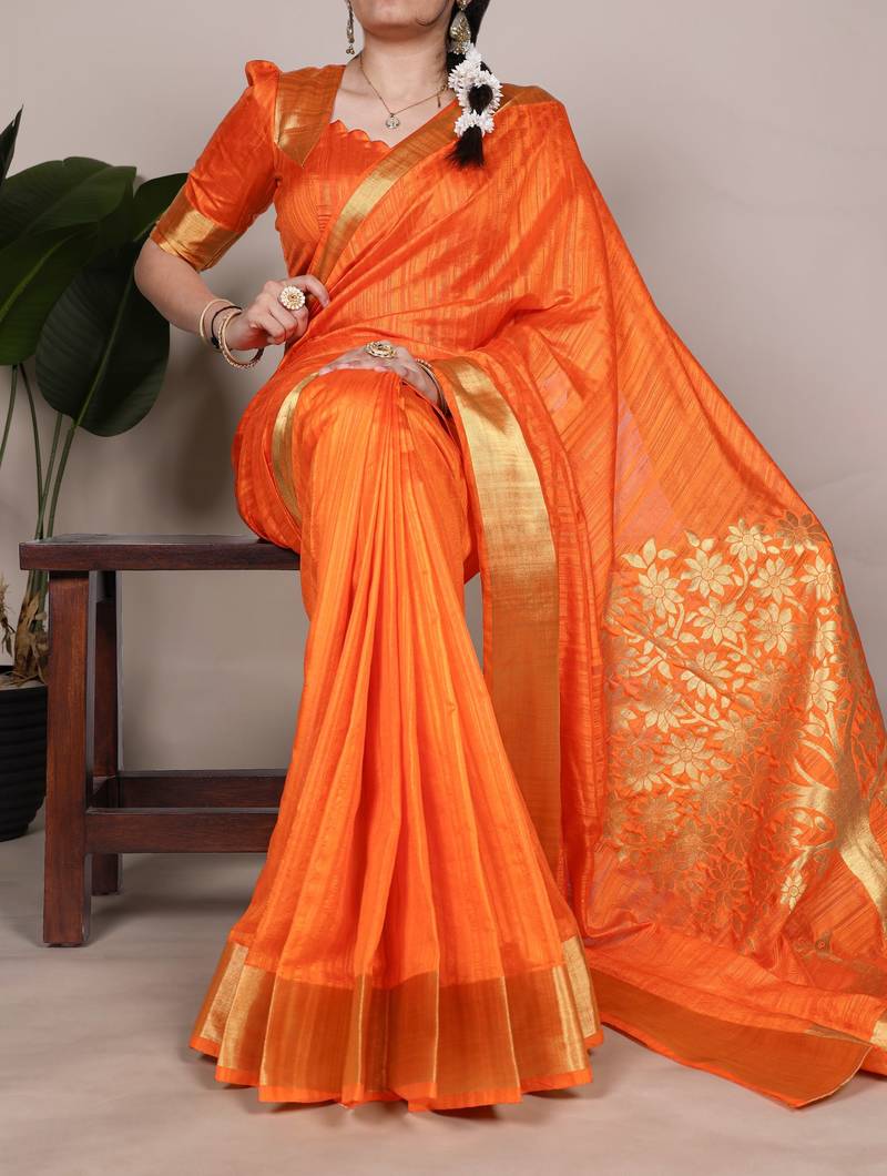Orange onam special raw silk zari weaving work saree