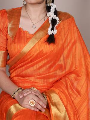 Orange onam special raw silk zari weaving work saree 2