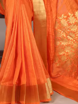 Orange onam special raw silk zari weaving work saree 4
