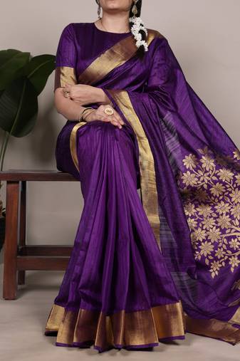 Purple onam special raw silk zari weaving work saree