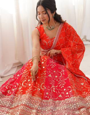 Stunning Orange Thread Work Georgette Function Wear Lehenga Choli 6