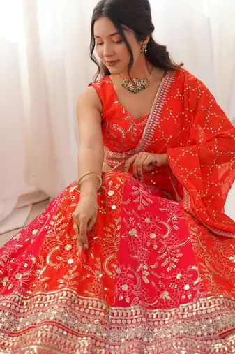 Stunning Orange Thread Work Georgette Function Wear Lehenga Choli