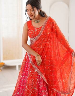 Stunning Orange Thread Work Georgette Function Wear Lehenga Choli 7