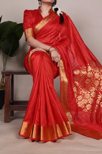 Red onam special raw silk zari weaving work saree
