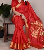Red onam special raw silk zari weaving work saree