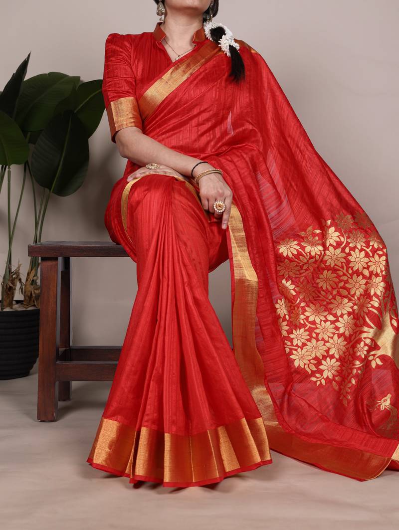 Red onam special raw silk zari weaving work saree