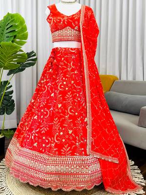 Stunning Orange Thread Work Georgette Function Wear Lehenga Choli 8