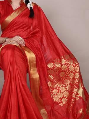 Red onam special raw silk zari weaving work saree 2