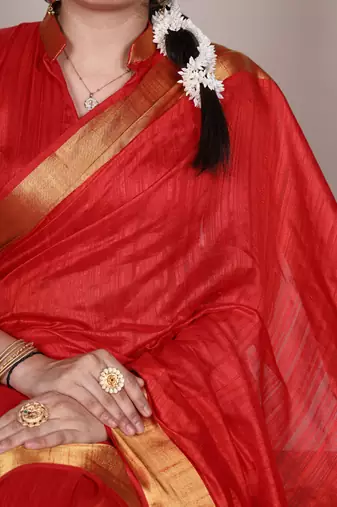Red onam special raw silk zari weaving work saree