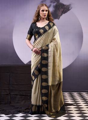 Beige smooth poly cotton zari weaving work saree 1