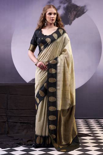 Beige smooth poly cotton zari weaving work saree