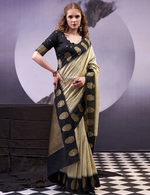 Beige smooth poly cotton zari weaving work saree 2