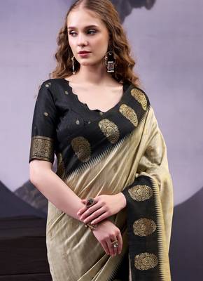 Beige smooth poly cotton zari weaving work saree 4