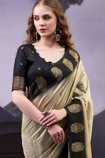 Beige smooth poly cotton zari weaving work saree