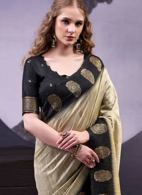 Beige smooth poly cotton zari weaving work saree 5
