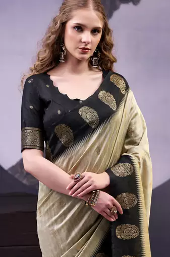 Beige smooth poly cotton zari weaving work saree