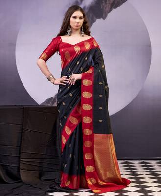 Black smooth poly cotton zari weaving work saree 1