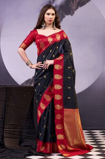 Black smooth poly cotton zari weaving work saree