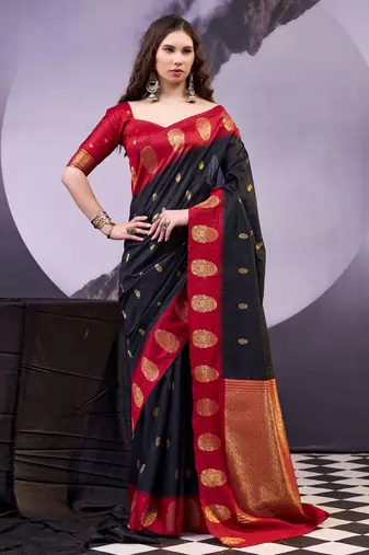 Black smooth poly cotton zari weaving work saree