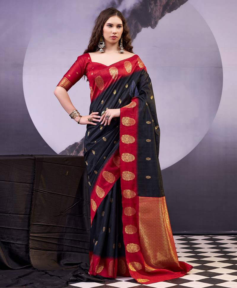 Black smooth poly cotton zari weaving work saree