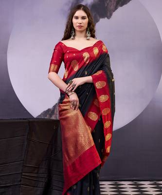 Black smooth poly cotton zari weaving work saree 2