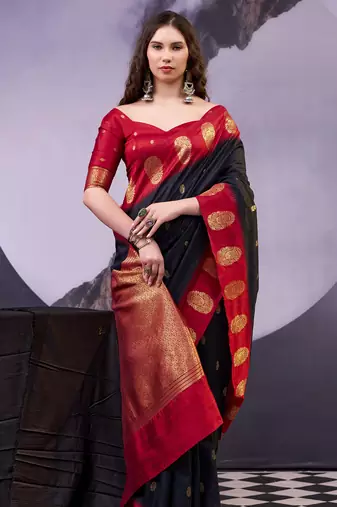 Black smooth poly cotton zari weaving work saree