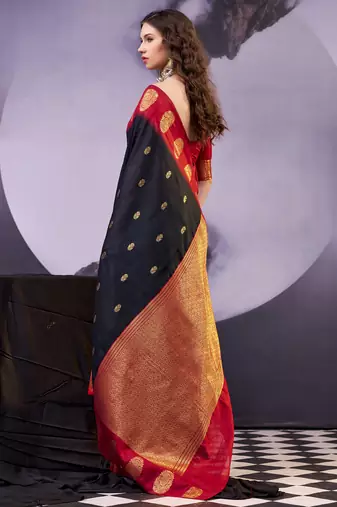Black smooth poly cotton zari weaving work saree