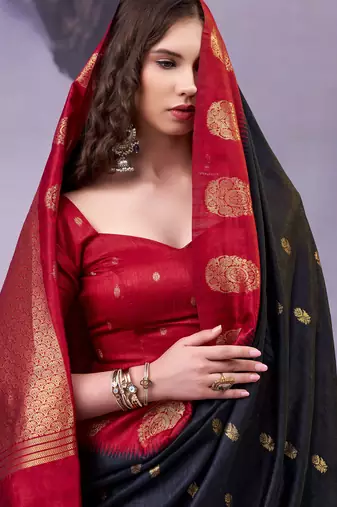 Black smooth poly cotton zari weaving work saree