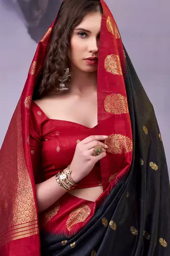 Black smooth poly cotton zari weaving work saree