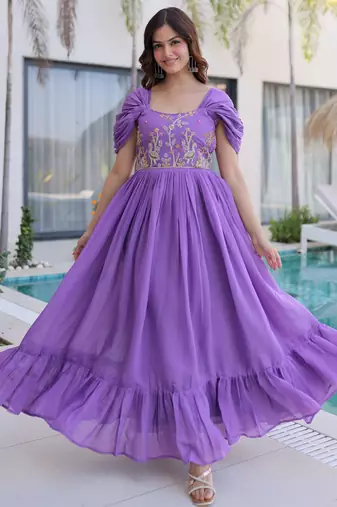 Notable Purple Bead Work Chanderi Festive Wear Dress