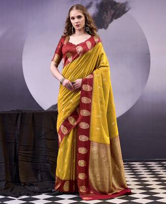 Mustard smooth poly cotton zari weaving work saree 1
