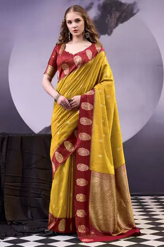 Mustard smooth poly cotton zari weaving work saree