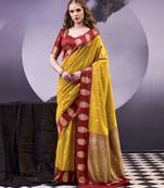 Mustard smooth poly cotton zari weaving work saree