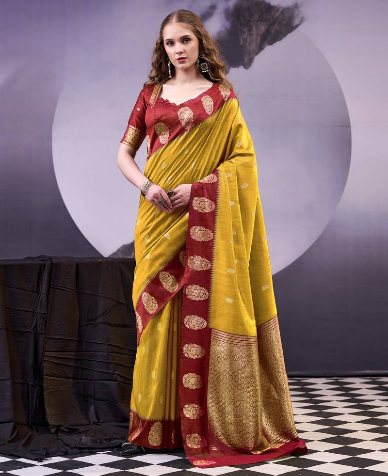 Mustard smooth poly cotton zari weaving work saree