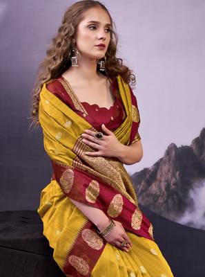 Mustard smooth poly cotton zari weaving work saree 2