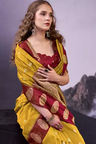 Mustard smooth poly cotton zari weaving work saree
