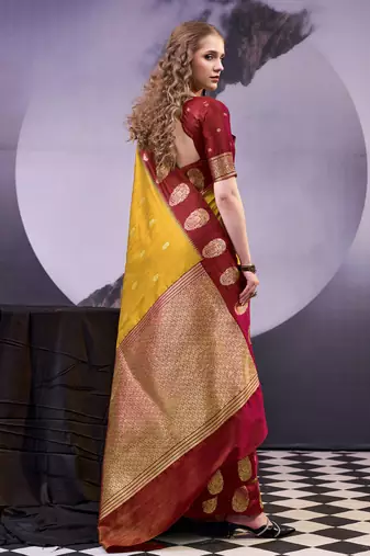 Mustard smooth poly cotton zari weaving work saree