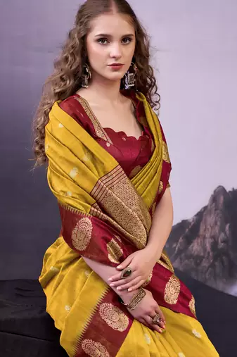 Mustard smooth poly cotton zari weaving work saree