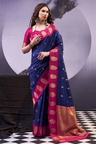 Navy blue smooth poly cotton zari weaving work saree
