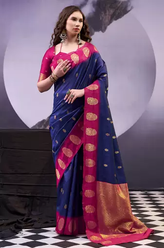 Navy blue smooth poly cotton zari weaving work saree